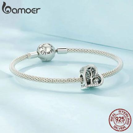 Bamoer 925 Sterling Silver Green Transparent Clover Beads The Tree of Life Family Pendant Plant Charms for Women Necklace DIY