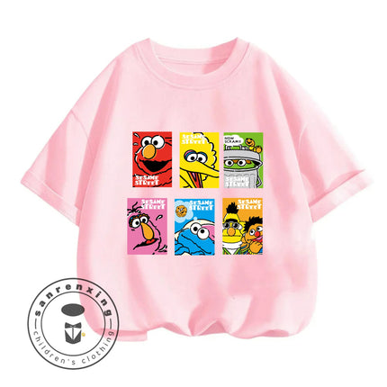 2026 Summer Cute Kawaii Sesame Street Crew Neck Tshirt 3-14Y Kids Boys Girls Cartoon Street Hot Fashion Outdoor Casual