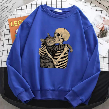 Vintage High Quality Retro Skull with Cat Womens Hoodies Warm Fleece Sweatshirt Soft O-Neck Pullover Casual Female Clothes