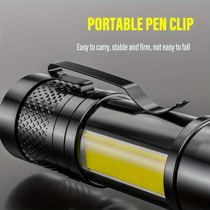 Portable Rechargeable LED Flashlight with Pen Clip Zoomable Waterproof Torch with Side Light Outdoor Camping Emergency Lantern