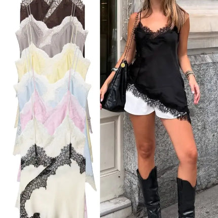 HH Sexy Women Asymmetrical Lace Slip Tops Summer Female Backless Sleeveless Off Shoulder Underwear Tanks Elegant Beach Camisole