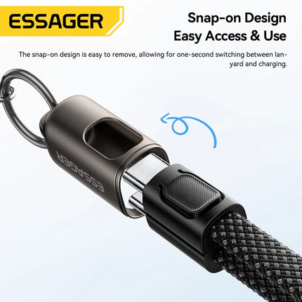 Essager 60W Type C to Type C Fast Charging Cable Lanyard Multifunctional Wrist Strap Neck Cable For iPhone Samsung Xiaomi Huawei