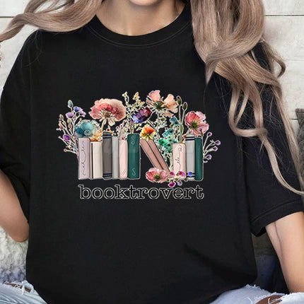 Booktrovert Fashion Casual T-shirts Funny Book Lover Summer Short Sleeve Tee Trendy Vintage Bookish Flower Classic Tops Clothes