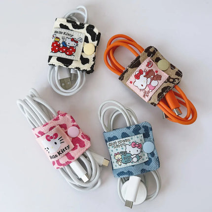 Sanrio Hello Kitty Leopard Print Denim Fabric Data Cable Storage Clip Charging Cable Storage Bag Brush Storage Gifts for Girl