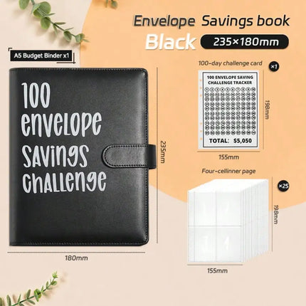 100 Envelope Savings Challenge Binder, PU Leather Budget Planner Book, Money Saving Challenge Notebook for Cash Budgeting Financial Planning