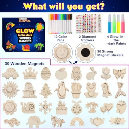 30pcs DIY Wooden Magnets, Glow in The Dark Wooden Art Craft Supplies Painting Kit for Activities Party Favors for Boys Girls Ag