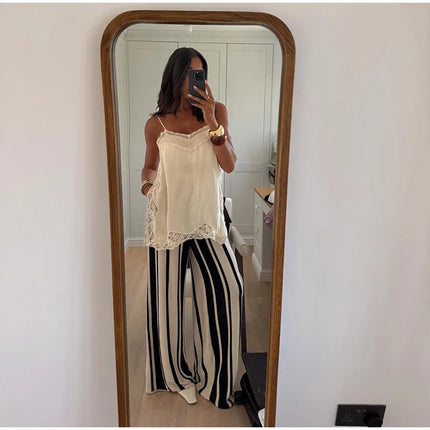 Women Lace Patchwork Sling Top Sexy V-neck Sleeveless Side Split Solid Color Vest 2025 New Summer Lady Party Vacation Tops