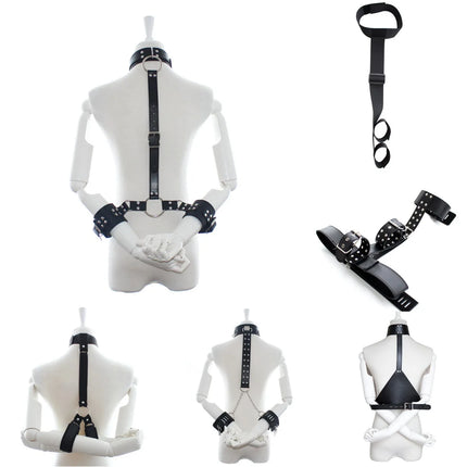 BDSM PU Leather Neck To Wrist Restraint Set Back Bind Bondage Harness Choker Collar with Handcuffs Slave Role Play Adult Sex Toy
