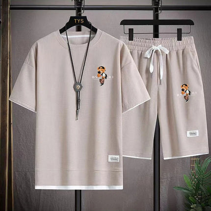 Men's Summer Casual Fashion Printed Loose Round-Neck Short-Sleeve T-Shirt Top and Shorts Set Comfortable Sportswear