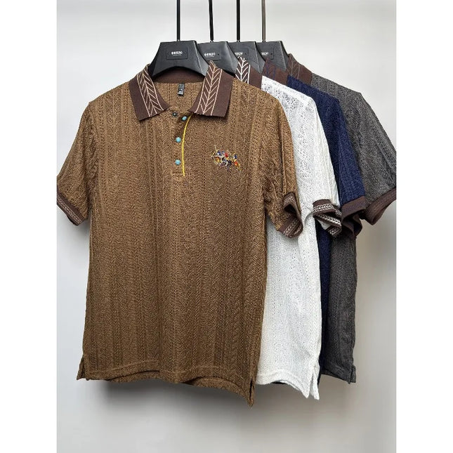 High end hollowed out jacquard knitted polo shirt brand embroidered men's summer short sleeved lapel t-shirt light luxury retro