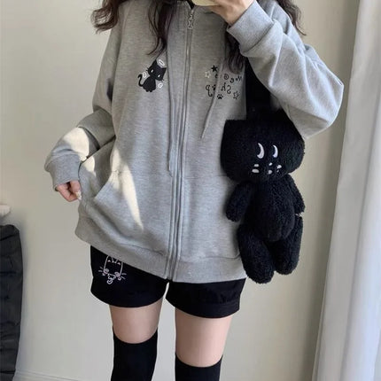 Zipper Hoodie Gothic Cartoon Kawaii Cat Ear Y2k Jacket Zip Up Thin Coat Spring Autumn Cute Core 2000s Clothes Fall Sweatshirts
