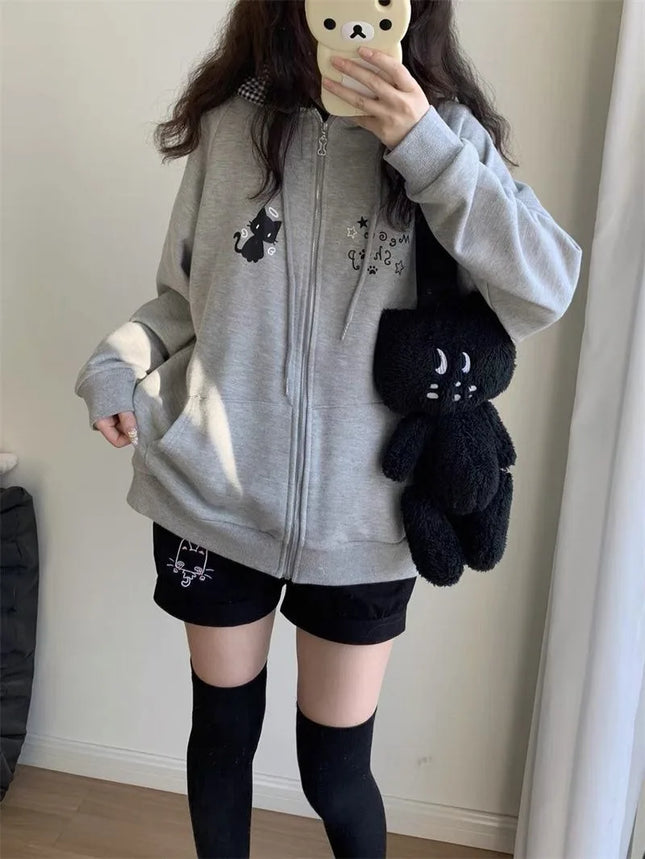 Zipper Hoodie Gothic Cartoon Kawaii Cat Ear Y2k Jacket Zip Up Thin Coat Spring Autumn Cute Core 2000s Clothes Fall Sweatshirts