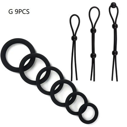 New 1/3/4/6/7/9Pcs Adjustable Silicone Penis Rings Set For Male Cockring Ejaculation Delay Sex Toy For Couples Adult Fun Options