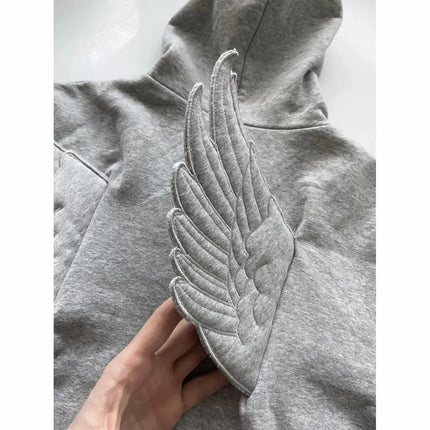 Women Grey Angel Wing Embroidered Hoodie Cute Kawaii Pullover Sweatshirt Wing Decoration Back Y2K Street Harajuku Loose Pullover