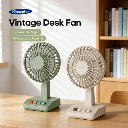 KINSCOTER Vintage Desktop Fan 2000mAh 90° tilt Adjustable Mini Rechargeable Fan 5 Gear Speed  for Home/Office/Student/Gift