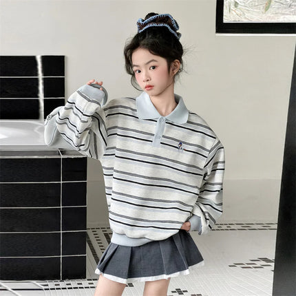 New Spring Children Long Sleeve Striped Cotton Polo Shirts for Teen Girls Casual Clothing School Kids Elegant Sweatshirt Coat