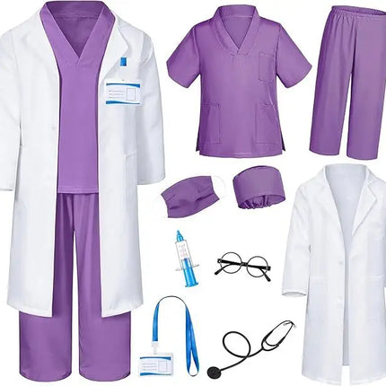 Children Doctor Nurse Cosplay Professional Role-playing Costumes Surgical Gown White Coat with Top Accessories for Boys Girls