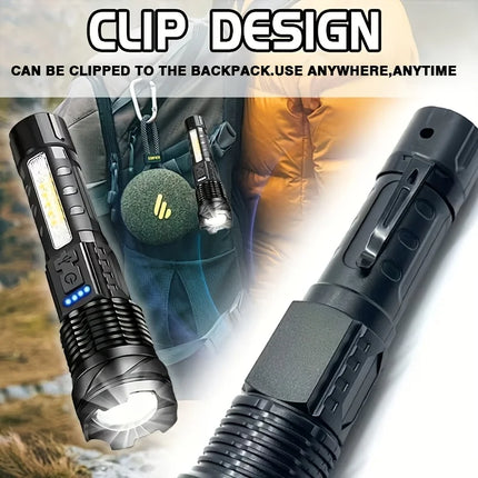 Portable Rechargeable LED COB Flashlight with Clip Super Bright Telescopic zoom Handheld Work Flashlight For Outdoor Camping
