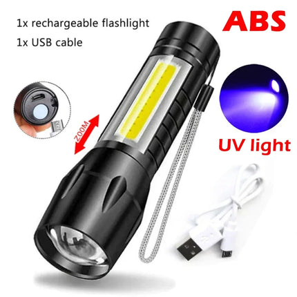 Portable USB Rechargeable Mini UV Flashlight Zoomable Ultraviolet Torch 365nm Pet Detector Violet Waterproof Outdoor Flashlights