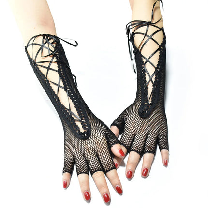 Women's summer sexy mesh strap gloves long half finger lace hollow Halloween cosplay performance etiquette gloves