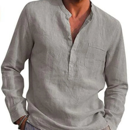 Men's Linen Long Sleeve Shirt - Stand Collar, Button-Front, Single Chest Pocket Casual Tops for Spring Summer