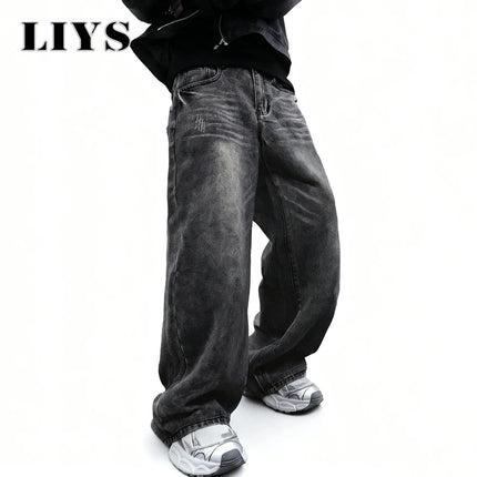 LIYS Men's Women's Retro Gray Ultra Baggy Wide-Leg Jeans Four Seasons Casual Oversized Loose Straight-Leg Denim Pants Unisex