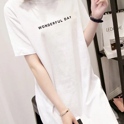 WONDERFUL DAY Print Long T shirts Summer Women Loose Slit Femme Tops  Tshirt Short sleeve Ladies t-shirt