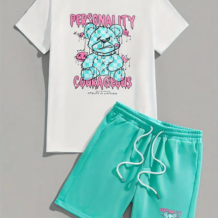 2026 Summer Casual Short-Sleeve Fashionable Breathable Sports Set Loose-Fit Quick-Dry Men's Short-Sleeve Hip-Hop Bear Print Set