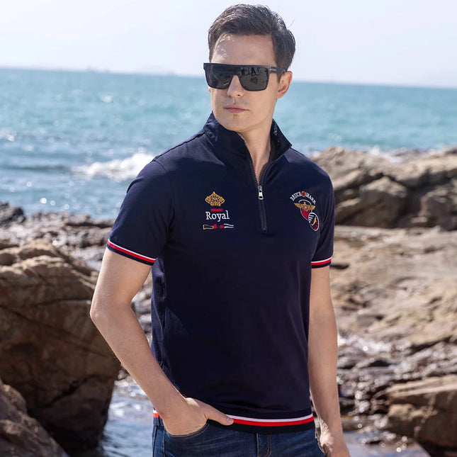 New Men's Standing Collar Short Polos Bruce&Shark Summer Men's Thin 100% Cotton Tops Fashion Embroidery Polos Man Big Size 4XL