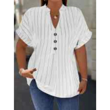 Spring Summer Plus-size Sleeve Shirt V-neck Buttoned Batwing Top Vertical Stripes Slim Fit Women's Autumn and winter innerwear