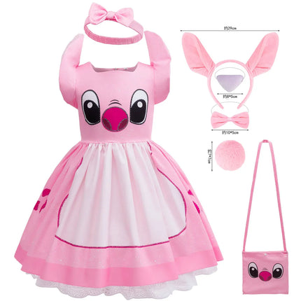 2026 New Disney Movie Lilo & Stitch Girls Cosplay Angel Stitch Pink Cute Princess Cartoon Halloween Carnival Role Play Dress Set