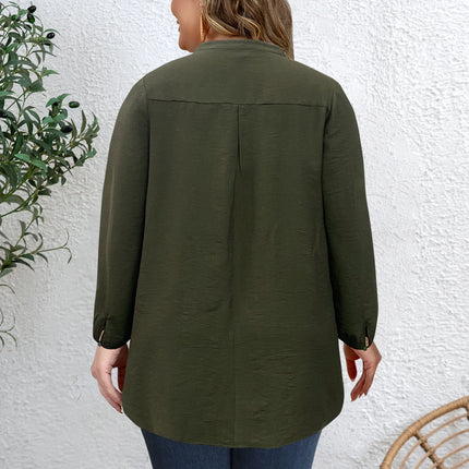 Plus Size Women's Solid Color V Neck Buttoned Long Sleeve Tunic Top Casual Slimming Daily Shirt