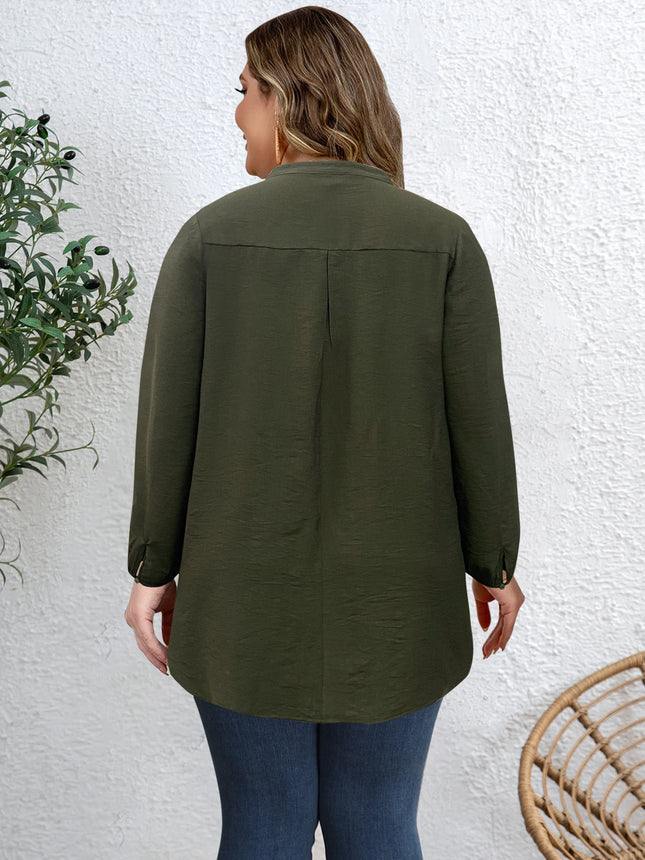 Plus Size Women's Solid Color V Neck Buttoned Long Sleeve Tunic Top Casual Slimming Daily Shirt