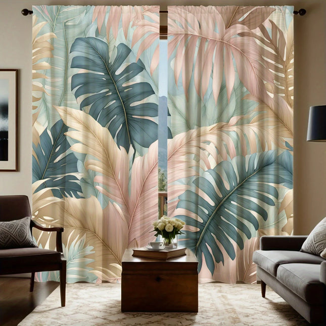 Pastel Tropical Curtains 2pcs – Blush Pink & Mint Monstera Leaves, Light Filtering Boho Window Decor