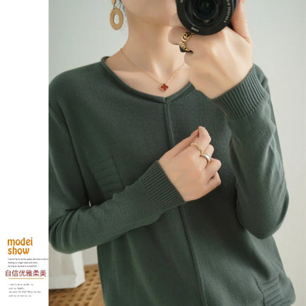 2023 Autumn/Winter Women's New Pullover Casual Solid 100% Cotton Knitted V-Neck Loose Sweater Fashion Soft Breathable Top