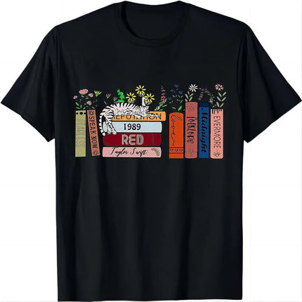 Album Book Graphic T Shirt With Midnights Red Floral Cat Elements Designs, Stylish Casual Short Sleeve Tee For Daily Wear