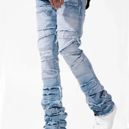 New Stacked Jeans Men Patchworks Spliced Denim Ripped Wash Frayed Pants Male's Streetwear