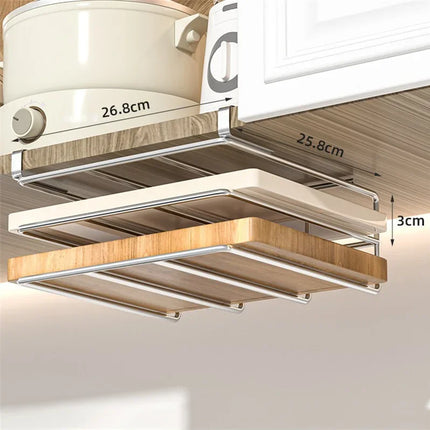 JUSTINLAU Stainless steel Kitchen Hanging Organizer Rack with Hook Paper Towel Rag Hanging Cutting Board Pot Cover Storage Shelf