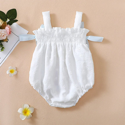Baby Girl Summer Romper Floral Jacquard Sleeveless Suspender Romper with Satin Bow