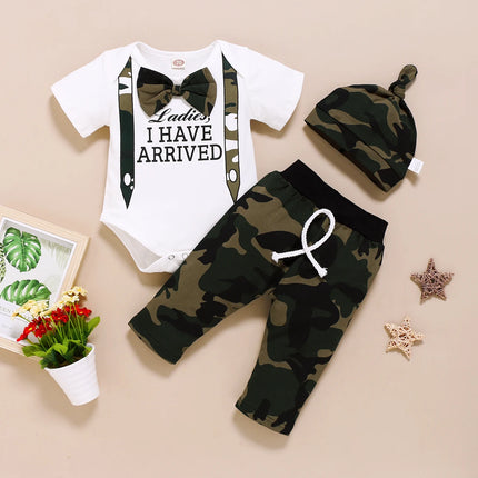 0-18Months Newborn Baby Boys Clothing Set Letter Print Short Sleeve Bodysuit with Bow + Camouflage Print Long Pants + Hat