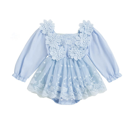 0-24M Infant Baby Girls Princess Romper Dress Cute Autumn 3D Lace Flowers Mesh Patchwork Long Sleeve A-Line Dress for Toddler