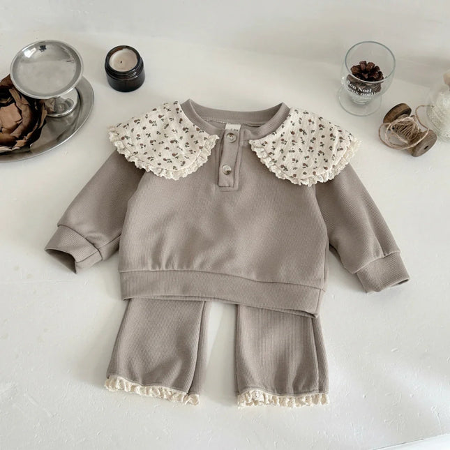 Spring Fall 1-3 Years Baby Girl Outfit Warm Ribbed Fabric Khaki Sweatshirt + Pant Set Lace Trim Casual Toddler Clothes