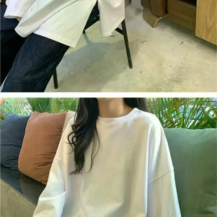 Harajuku Long T-Shirt Spring Autumn Solid Simple Oversized T-shirt for Women Goth T-shirts Split White Black Long Sleeve Tops