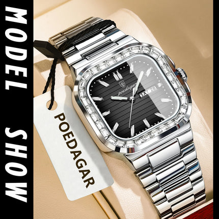 POEDAGAR Square Fashion Men's Watch Date Week Waterproof Luminous Quartz Man Watch Stainless Steel Luxury Sports Watches For Men
