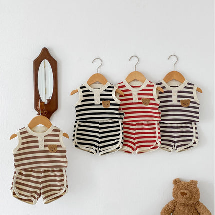 2024 New Summer Baby Stripe Clothes Set Girls Waffle Bear Sleeveless Top+Pants Toddler Infant Outwear 2PCS