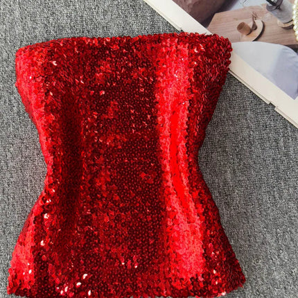 Elastic Slim Fit Stage Performance Outfit Heavy Sequin Wrap Chest Vest Tube Top in Pink Versatile Sexy Commute Sle ort Sl...