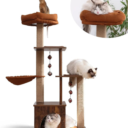 4-in-1 Large Modern Cat Tower with Scratching Post, Hammock, and Silvervine Balls, Brown Wood Climber for Indoor Cats, Retro Style