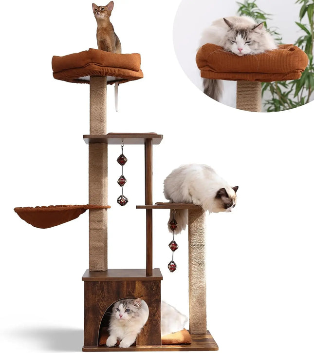 4-in-1 Large Modern Cat Tower with Scratching Post, Hammock, and Silvervine Balls, Brown Wood Climber for Indoor Cats, Retro Style