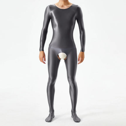 1pc Men Sexy Glossy Bodystocking Long Sleeve Body Jumpsuits Crotchless Bodysuit Ultra-thin Sheer Oily Shiny Underwear