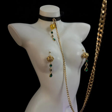 Erotic Emerald Nipple Clamps Bell Collar Female Anal Stimulator Gold Leash Chain Sexy Accessory Set BDSM Adult Sex Toys 18+